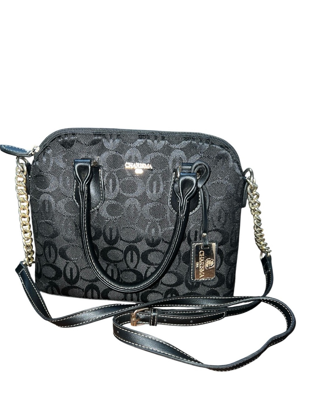 Charisma Black Logo Dome Crossbody Satchel with Gold Chain